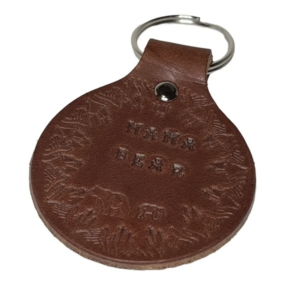 Handmade stamped Mama Bear nature brown 100% leather silver aluminum‎ keychain